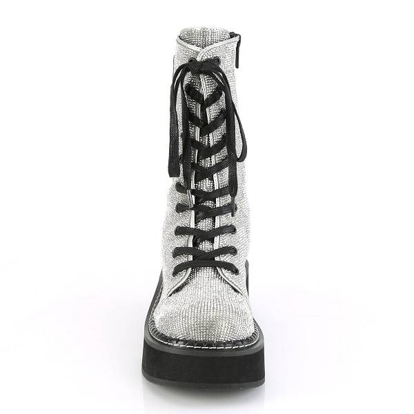 Demonia Women's Emily-362 Platform Mid Calf Boots - Silver Vegan Leather/Rhinstone D2089-35US Clearance